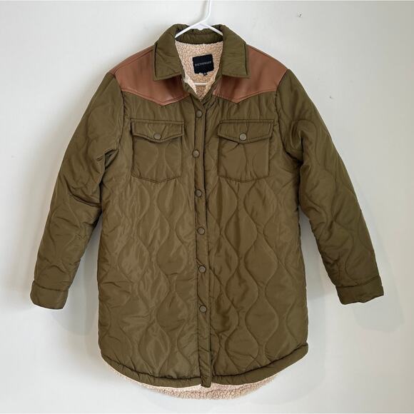 Dictionary Olive Sherpa-Lined Puffer Shacket w/ Faux Leather, Women’s Medium - Picture 1 of 6